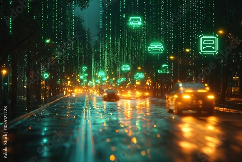 Futuristic cityscape with glowing digital car icons in the rain.