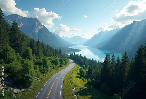 A long, winding road through a mountainous, forested landscape with a lake in the background under a blue sky with scattered clouds