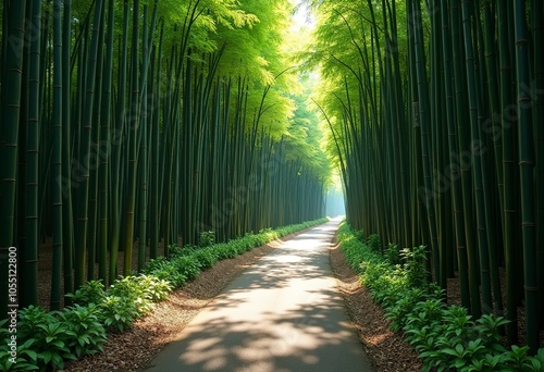 A path winding through a dense bamboo forest with tall, green bamboo stalks on both sides creating a tunnel-like effect