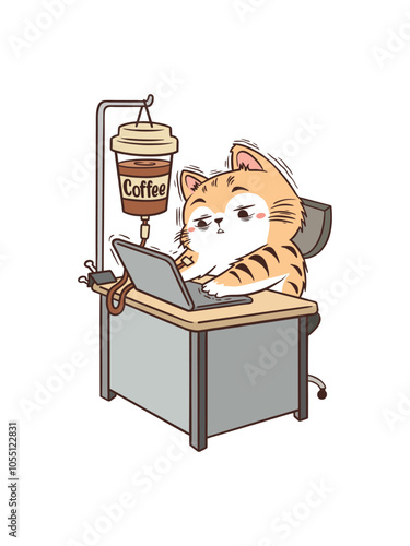 Illustration of a cat working more than the time that is infused with coffee, cute, isolated white background