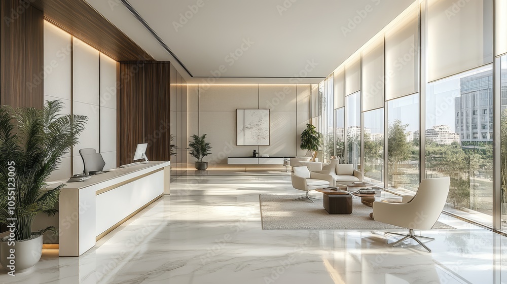 A modern and spacious lobby with a reception desk, seating area, and large windows overlooking a city view. A modern and spacious lobby with a reception desk, seating area, and large windows overlooking a city view.