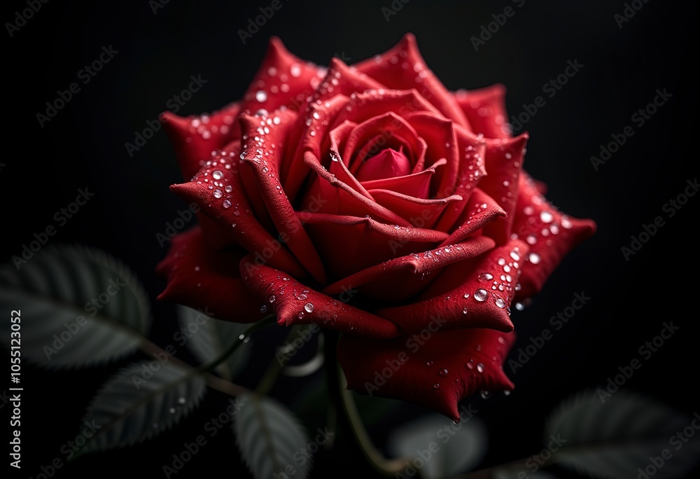 A red rose in the rain, with water droplets on the petals against a dark, blurred background