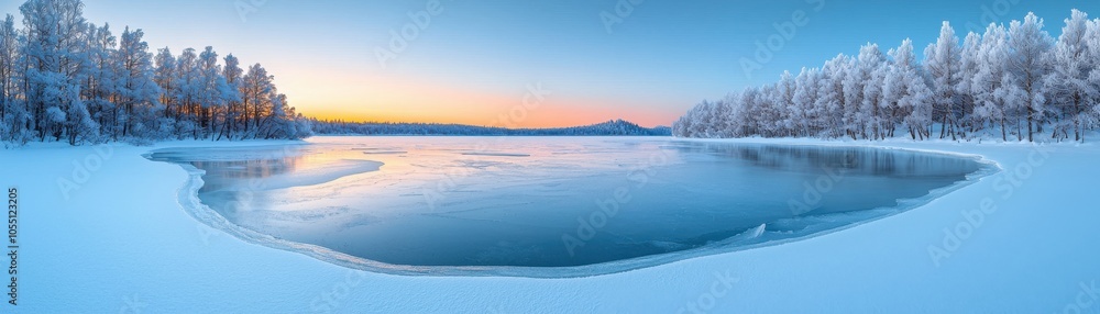 Frozen lake surrounded by snowy forest under a serene, colorful winter sunset. Frozen lake surrounded by snowy forest under a serene, colorful winter sunset.