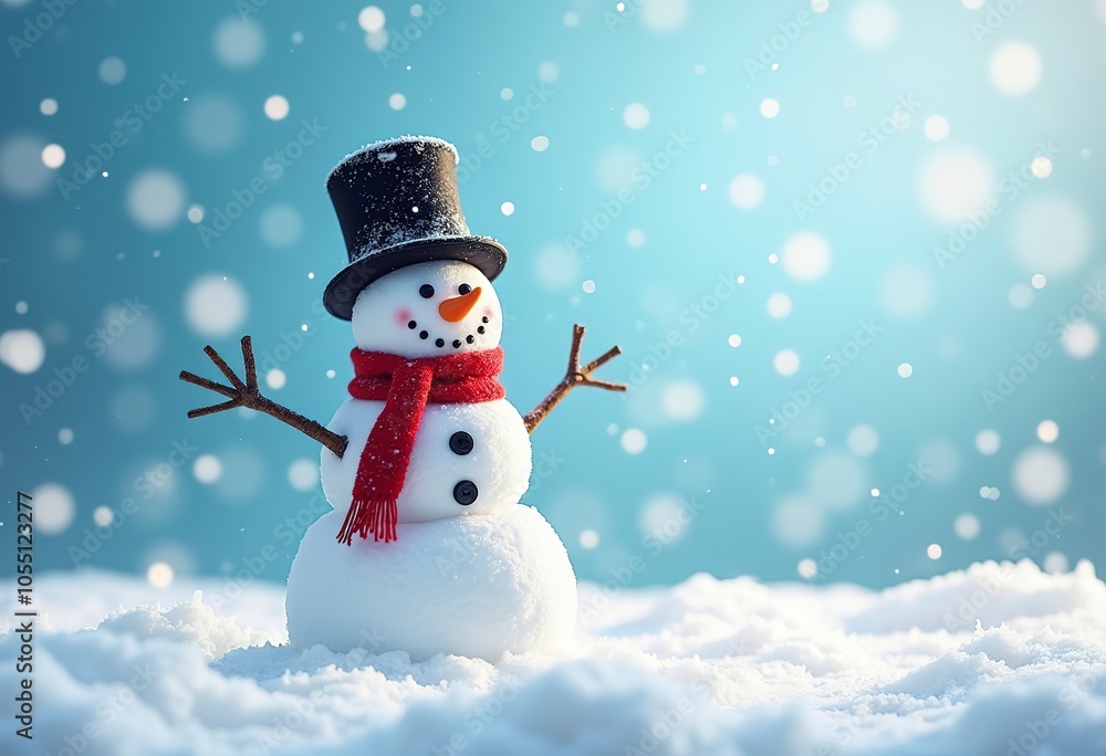 Fototapeta premium A snowman with a scarf and hat standing in the snow against a blue sky with falling snowflakes