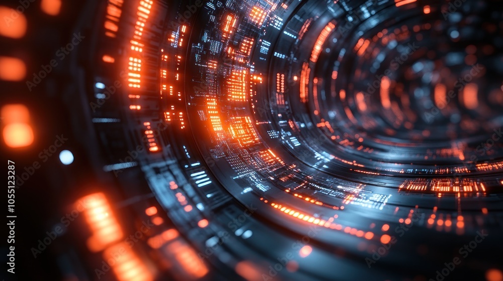 Abstract digital tunnel with glowing orange and blue patterns. Abstract digital tunnel with glowing orange and blue patterns.