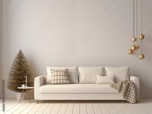 Modern and classic styles inspired scandinavian living room with Christmas tree and Christmas decor and Christmas tartan plaid accents. Festive season interior.