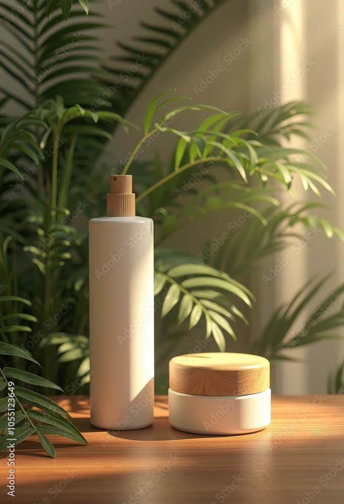 A white bottle and a wooden makeup container on a wooden surface surrounded by lush green leaves and plants A white bottle and a wooden makeup container on a wooden surface surrounded by lush green leaves and plants