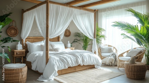 A modern bedroom with a canopy bed, wicker furniture and large potted plants.