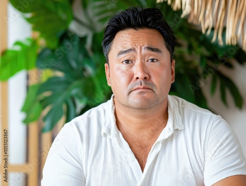 Middle-Aged Asian Man Expressing Despair in Nature Setting