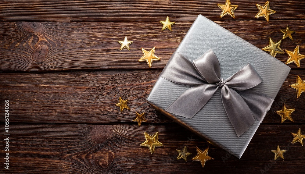 Top view of gray silver with small golden stars gift box on wooden table with copy space Top view of gray silver with small golden stars gift box on wooden table with copy space