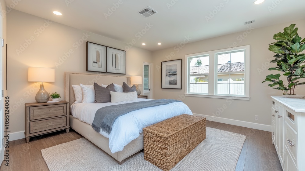 A modern bedroom with a king-size bed, nightstand, and large windows. The room is decorated with artwork and a plant. A modern bedroom with a king-size bed, nightstand, and large windows. The room is decorated with artwork and a plant.