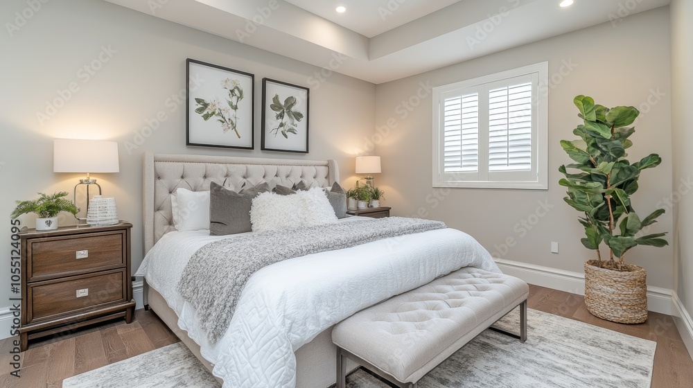 A modern bedroom with a king-size bed, white bedding, a large plant, and two framed botanical prints on the wall. A modern bedroom with a king-size bed, white bedding, a large plant, and two framed botanical prints on the wall.