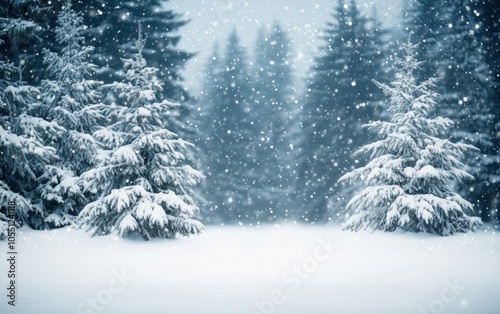 Christmas Snow Background: A snowy, winter wonderland scene with gently falling snowflakes and soft pine trees; subtle gradient area at the top center for text; Christmas and New Year theme 