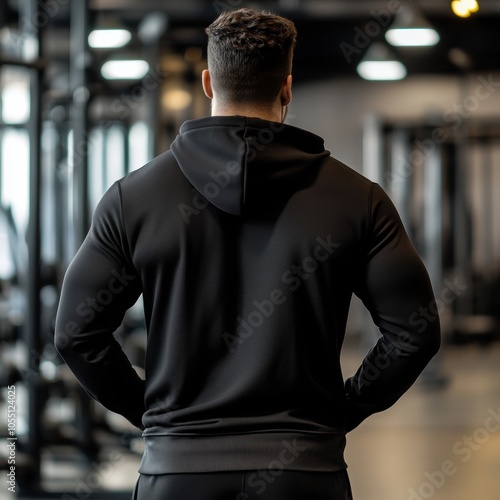 Male athlete in a black hoodie, focused and determined in a gym setting. photo