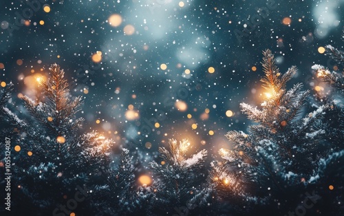 New Year Fireworks Background: A festive night sky with colorful fireworks, soft snow on evergreen trees, and bokeh lights; clear dark area at the top center for text, 