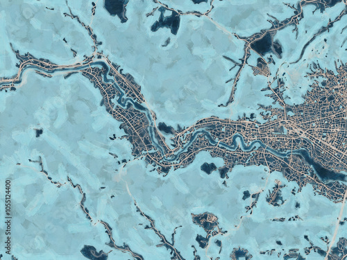 Painterly Style City Map of Ome, Japan in a Blue Color Scheme.