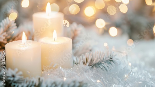 Three Burning Candles on a White Festive Background