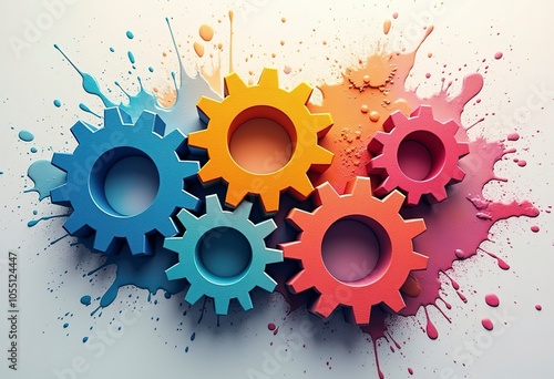 Colorful abstract gears with splashes of paint in the background, representing creativity, innovation, and the interplay of different elements photo