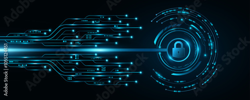 Tech background for unlocking UI system. Lock scan with digital HUD circle and AI circuit board. Data security. Touch screen button for user interface. Vector illustration. EPS 10