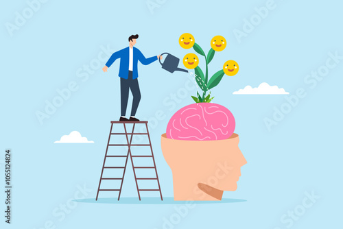 Flat illustration of man watering brain on ladder with smiling face emoji seedling plant mental wellbeing reduce anxiety increasing positive emotion feeling