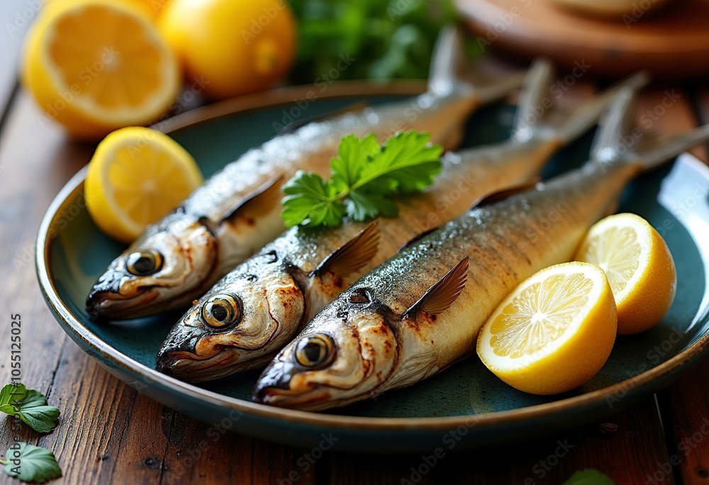Grilled sardines on a plate with lemon slices and greens, on a wooden background Grilled sardines on a plate with lemon slices and greens, on a wooden background