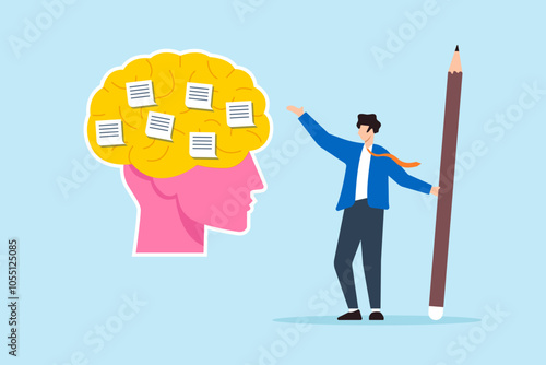 Flat illustration of businessman hold pencil write sticky notes on brain organizing idea task reminder of effective brainstorming planning