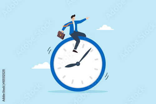 Flat illustration of businessman ride clock time management foresight in managing project deadline opportunity timer countdown progress