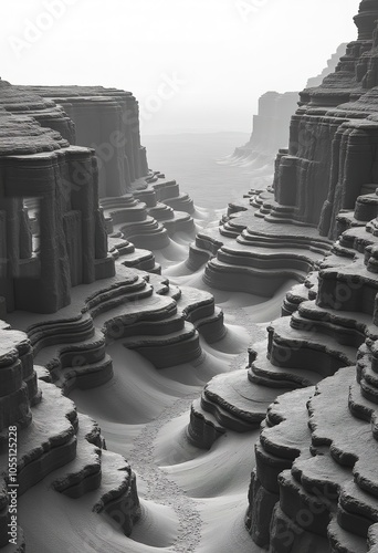 Layers of rock formations with intricate patterns and textures, creating a dramatic and abstract black and white landscape photo