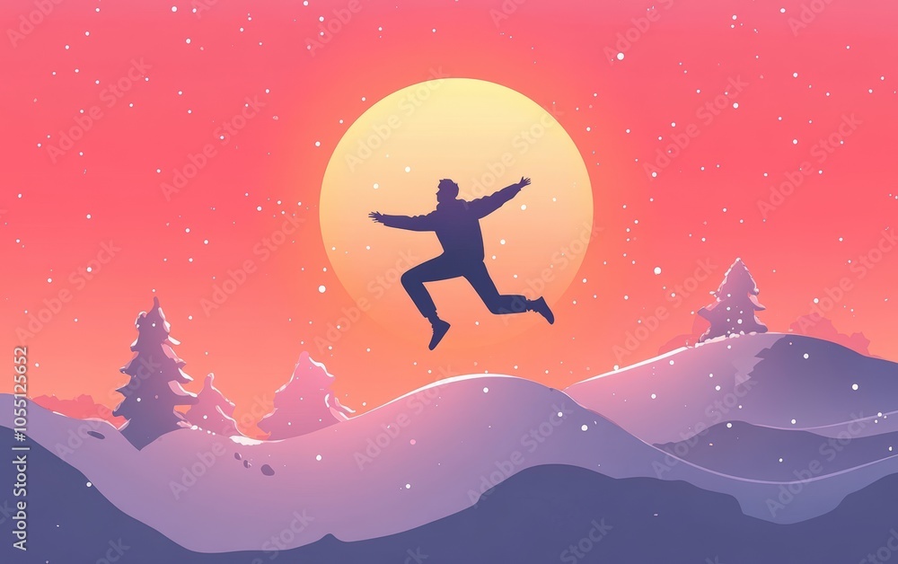 Welcome Merry Christmas in 2025. A young man jump between 2024 and 2025 years over the sun and through on the gap of hill silhouette evening colorful sky. Welcome Merry Christmas in 2025. A young man jump between 2024 and 2025 years over the sun and through on the gap of hill silhouette evening colorful sky.