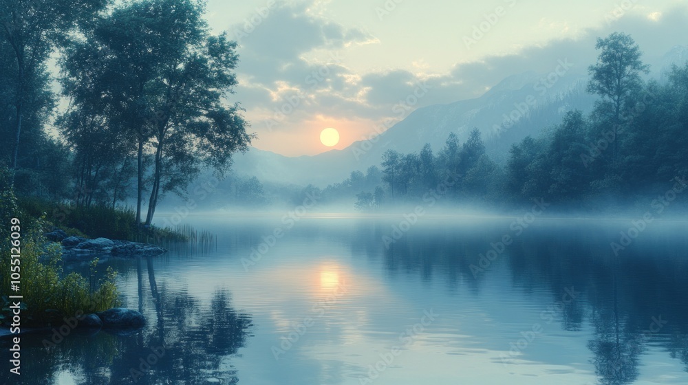 Serene sunrise over a misty lake surrounded by mountains. Serene sunrise over a misty lake surrounded by mountains.