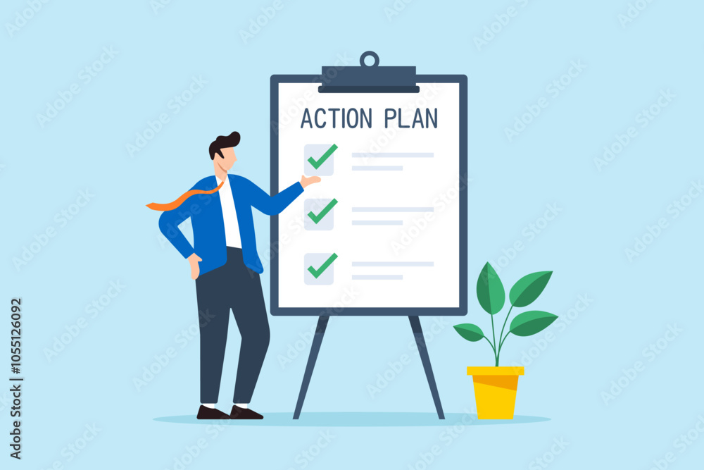 Fototapeta premium Flat illustration of businessman present action plan with checklist step on whiteboard to complete work and finish project procedure
