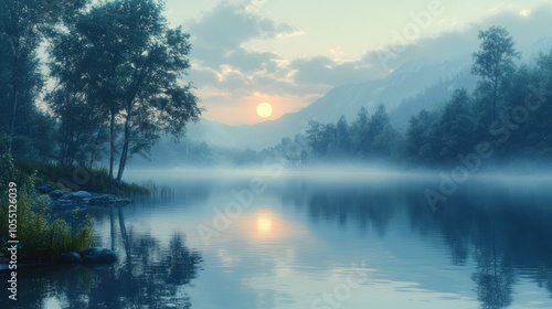 Serene sunrise over a misty lake surrounded by mountains.