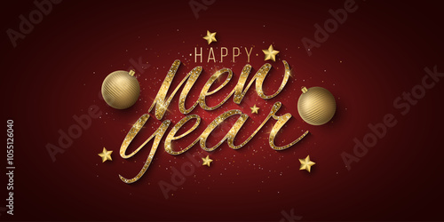 Festive banner for Happy New Year. Golden glittering lettering with decorations from 3d stars and festive balls on red background. Holiday cover design. Vector illustration. EPS 10
