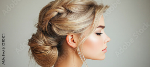 Beautiful blonde woman showing her elegant hairstyle for wedding day