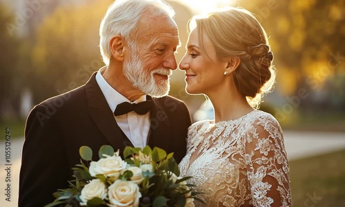 share a joyful moment at their wedding, symbolizing love, unity, and happiness. The scene captures a touching and beautiful celebration photo