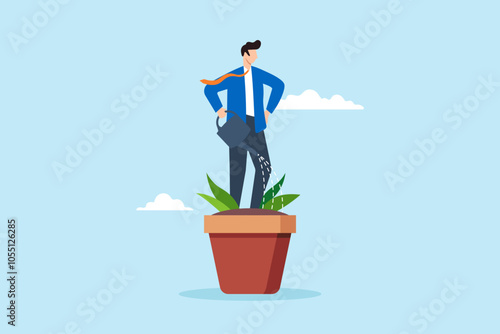 Flat illustration of confident businessman watering himself in plant pot personal development career growth develop skill self improvement