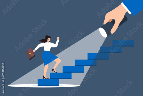 Flat illustration of businesswoman step up staircase illuminated by flashlight career guidance spotlight to success discover talent job candidate