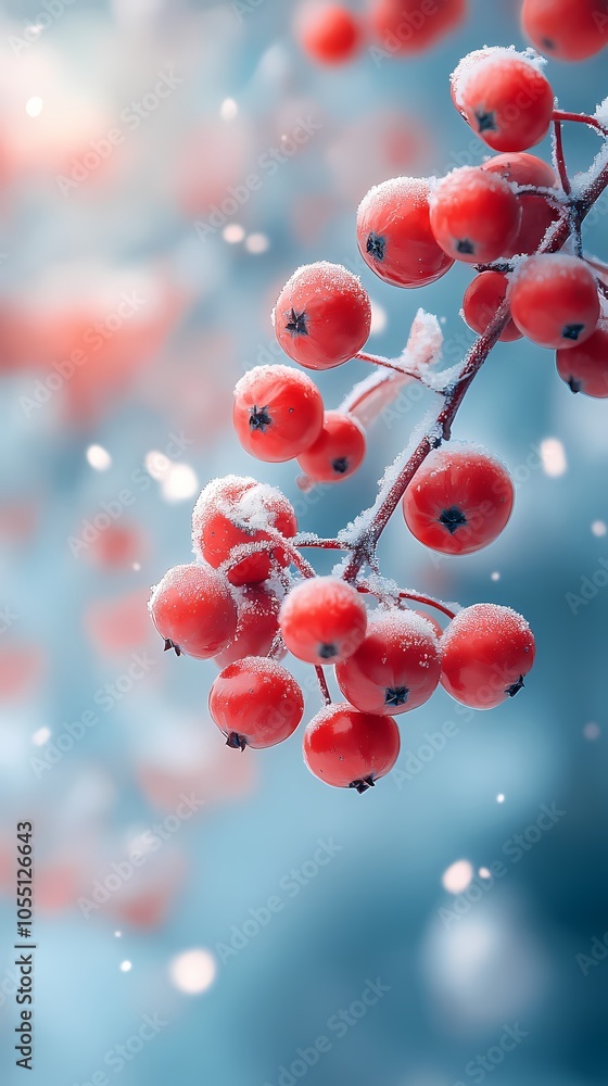 A string of frosted berries hung from a branch. A string of frosted berries hung from a branch.