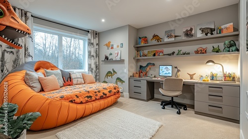 Fototapeta Naklejka Na Ścianę i Meble -  A modern kids bedroom with a dinosaur themed bed, a desk with a computer, and a bookshelf filled with dinosaur toys and books.