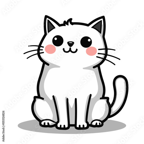 Joyful White Cartoon Cat Sitting in Vector Style