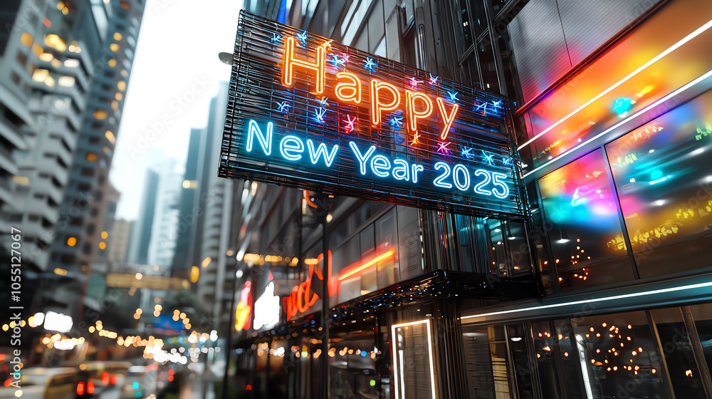 Celebrating joy and hope a vibrant happy new year 2025 display illuminating modern architecture in the city Celebrating joy and hope a vibrant happy new year 2025 display illuminating modern architecture in the city
