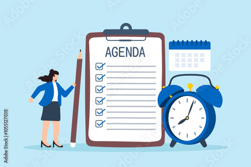 Flat illustration of smart businesswoman hold pencil write meeting agenda checklist with calendar and clock priority of important task