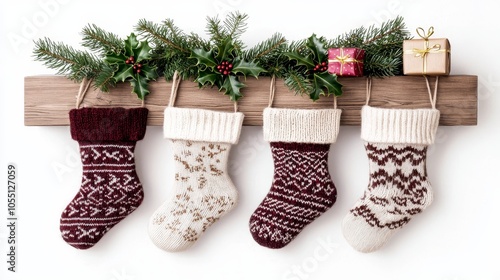 Christmas socks with gold-red details, filled with holly and gifts, hanging from pine garland on wooden mantel, cozy winter decor, isolated on white background