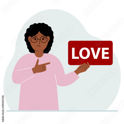 A woman holds a red banner with the text love. The concept of valentine's day, holiday or psychological help. Vector flat illustration