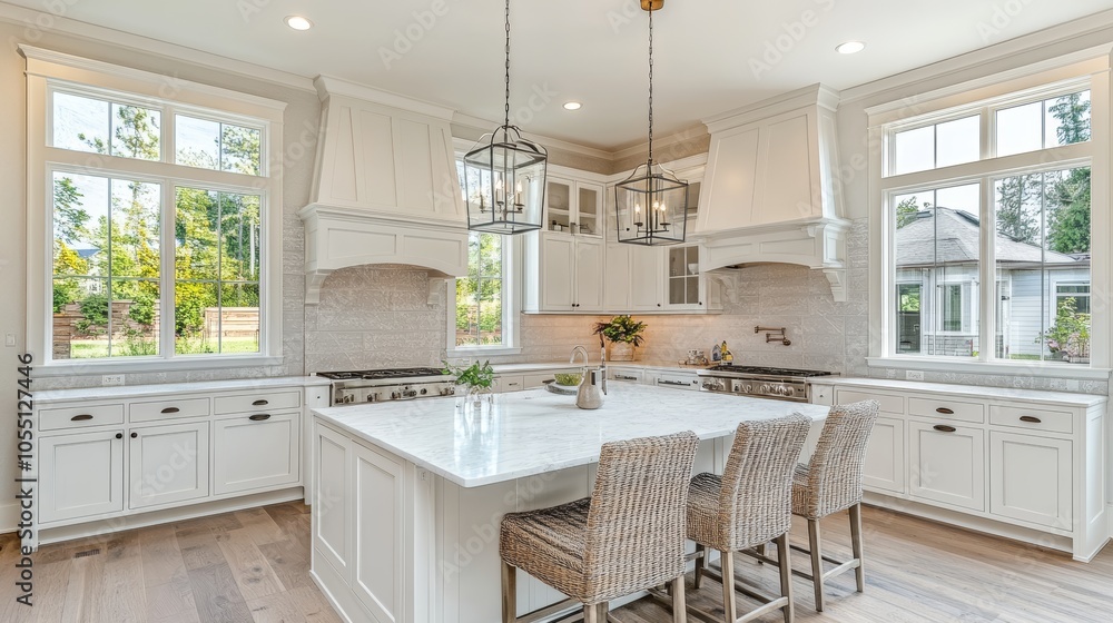 A modern kitchen with white cabinets, a large island with bar stools, and windows overlooking a green backyard. A modern kitchen with white cabinets, a large island with bar stools, and windows overlooking a green backyard.