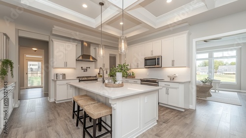 A modern kitchen with white cabinets, stainless steel appliances, and a large island with two stools.