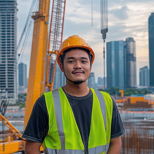 A young male construction worker in a safety vest and helmet poses confidently at a site.