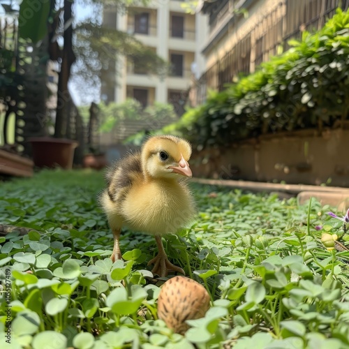 Adorable yellow chick exploring the vibrant green grass on a sunny day in nature s beauty photo