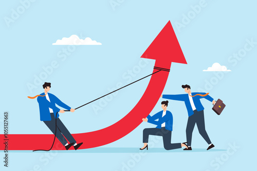 Flat illustration of businessman pull and business people team help push arrow graph upward teamwork or collaboration to growth improvement growing company