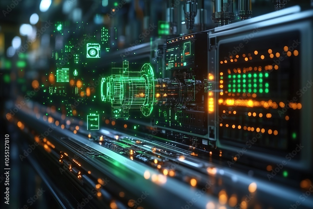 Futuristic factory production line with digital overlay of a motor. Futuristic factory production line with digital overlay of a motor.